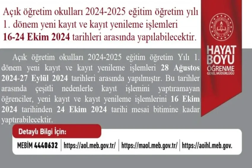 Açık Öğretim Okulları Kayıt Yenileme Tarihleri 2025